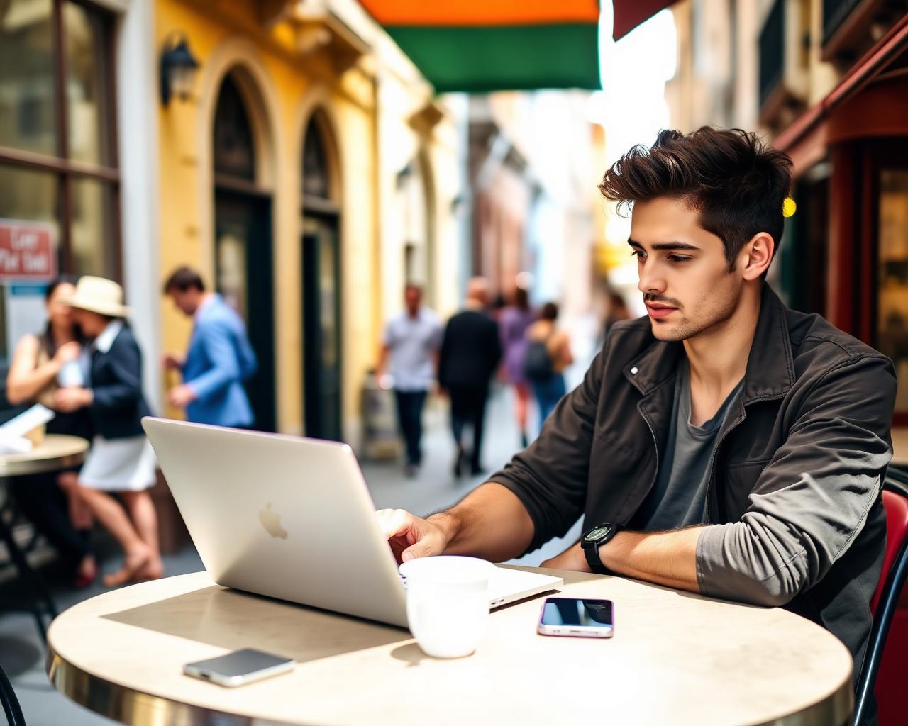Trabalhador remoto com MacBook diante de vista panorâmica de cidade europeia