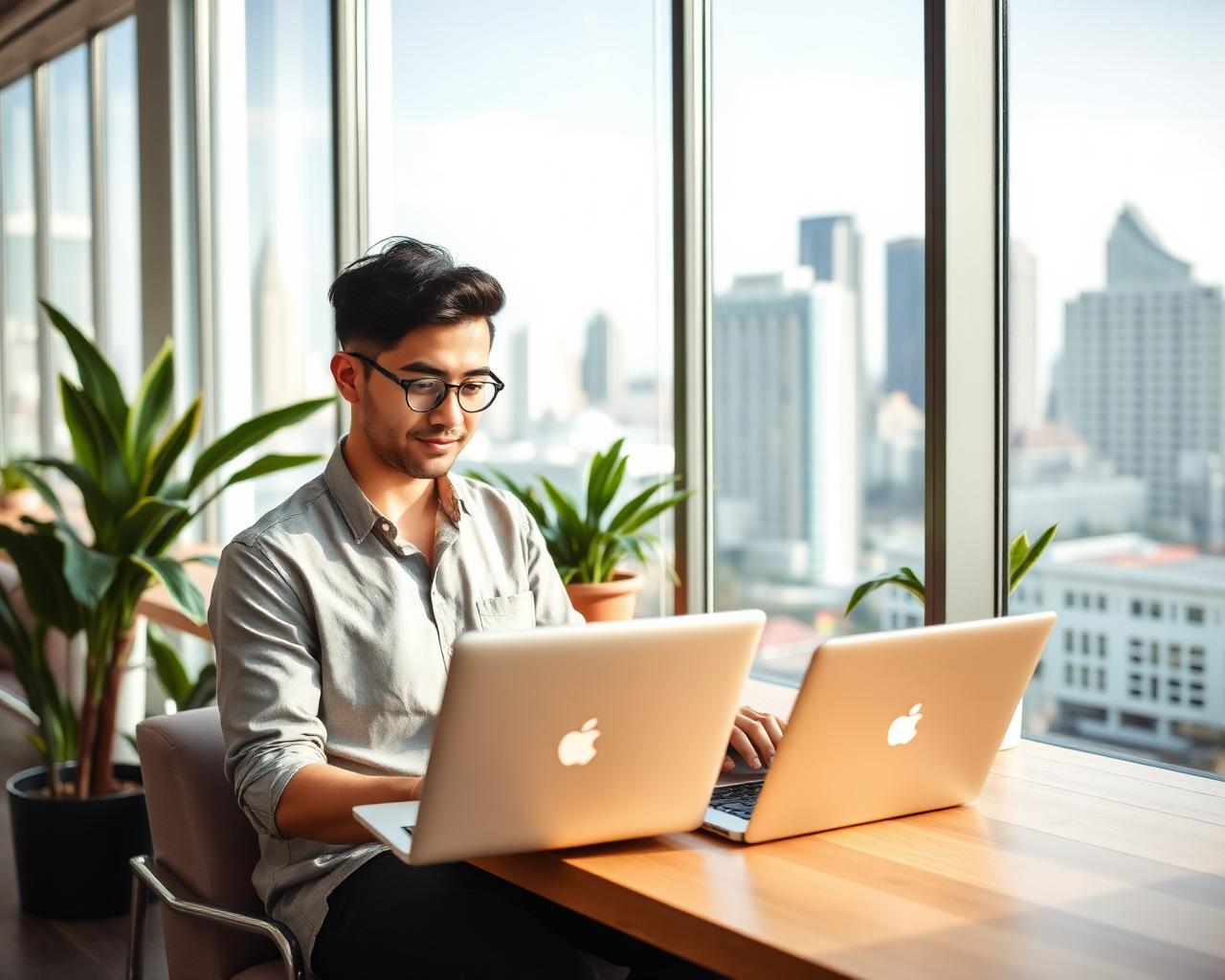 Mesa de trabalho com MacBook prateado e vista para cidade internacional